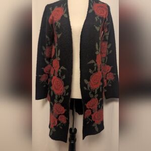 Kempson Black With Red Roses Long Cardigan With Pockets, Size M